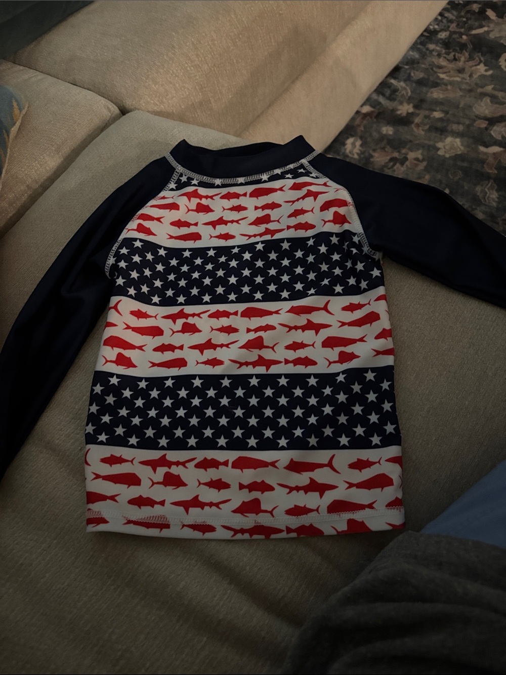 Kids Navy & Red Shark Stripe Long-Sleeve Rash Guard. Fits like a 3/4T